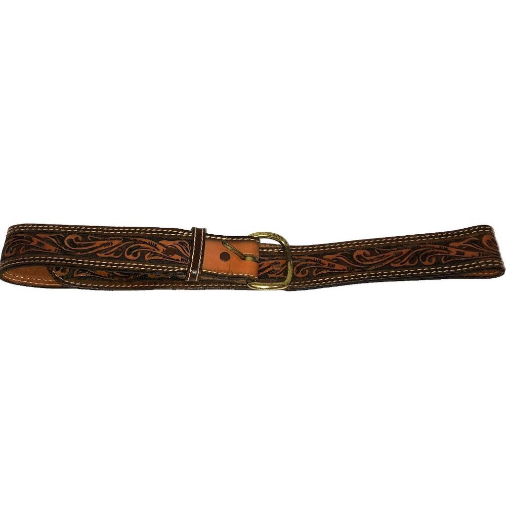 Vintage Big John Belt Tooled Full Grain Brown Saddle Leather Brass Buckle Sz 36